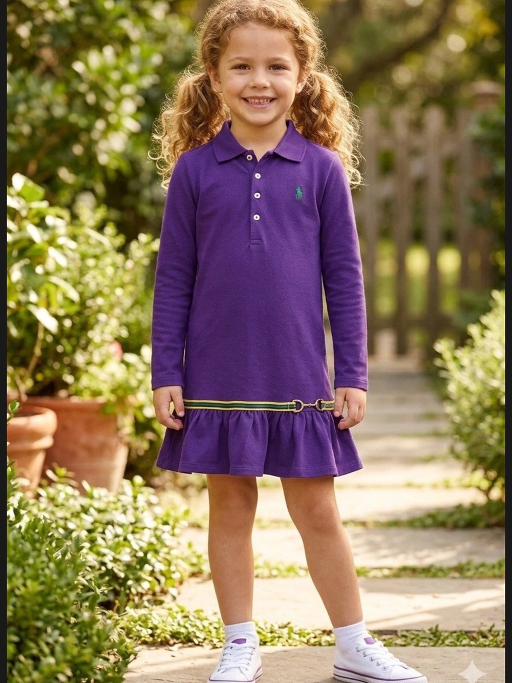 Ralph Lauren Purple Long-Sleeve Polo Dress with Green Logo